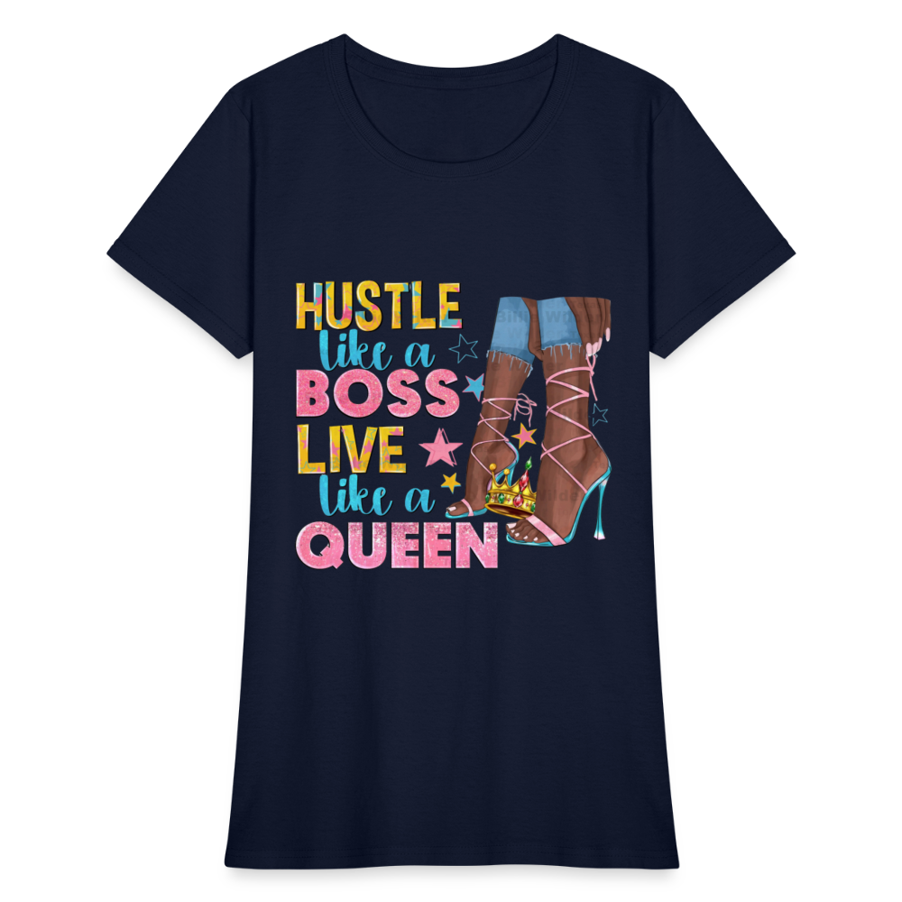 Women's V-Neck Hustle Like a Boss Print T Shirt - navy