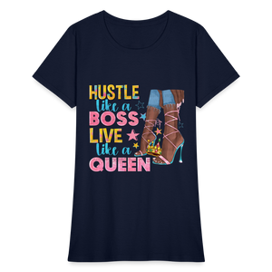 Women's V-Neck Hustle Like a Boss Print T Shirt - navy