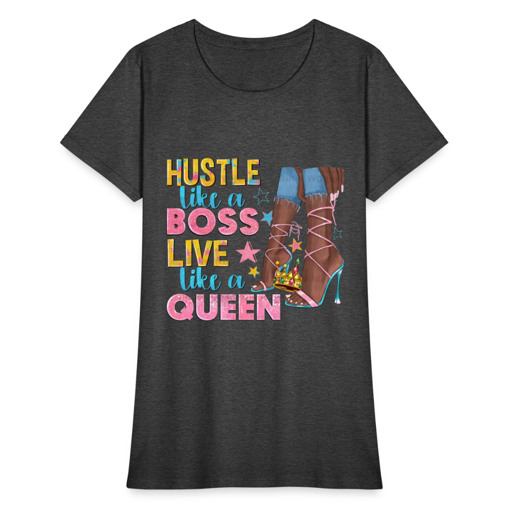 Women's V-Neck Hustle Like a Boss Print T Shirt - heather black