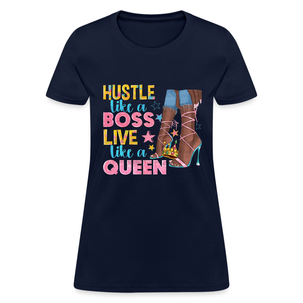 Women's V-Neck Hustle Like a Boss Print T Shirt - navy