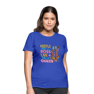 Women's V-Neck Hustle Like a Boss Print T Shirt - royal blue