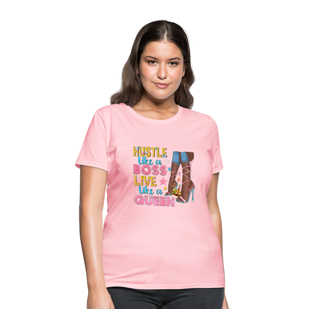 Women's V-Neck Hustle Like a Boss Print T Shirt - pink