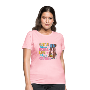 Women's V-Neck Hustle Like a Boss Print T Shirt - pink