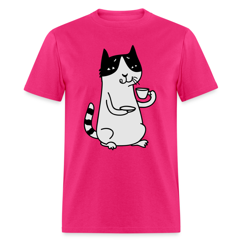 Unisex Adult Cat Drinking Coffee Print T Shirt - fuchsia