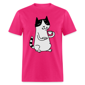 Unisex Adult Cat Drinking Coffee Print T Shirt - fuchsia