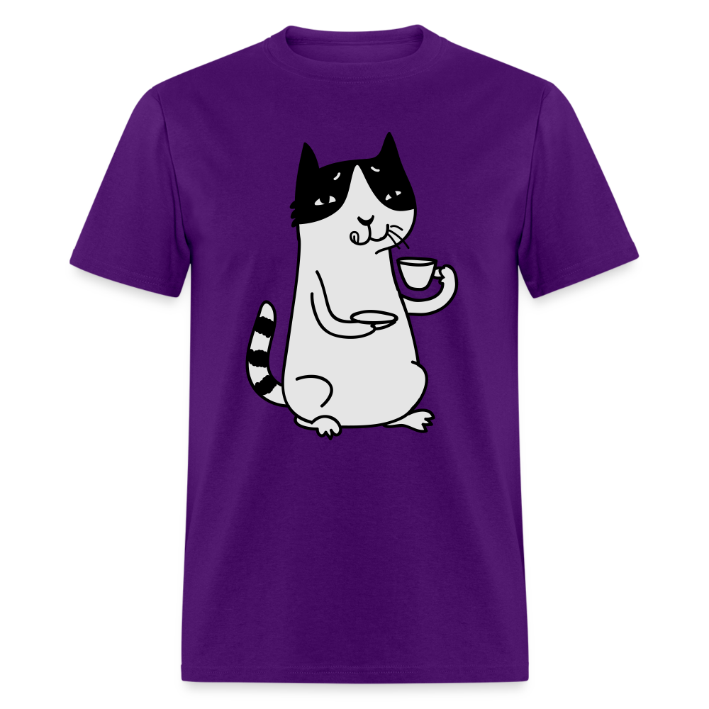 Unisex Adult Cat Drinking Coffee Print T Shirt - purple