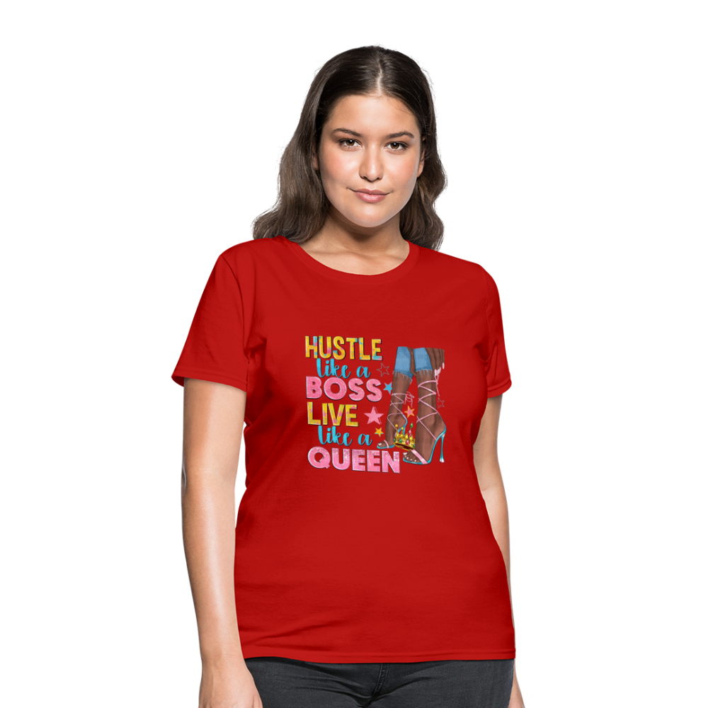 Women's V-Neck Hustle Like a Boss Print T Shirt - red