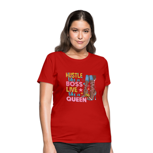 Women's V-Neck Hustle Like a Boss Print T Shirt - red