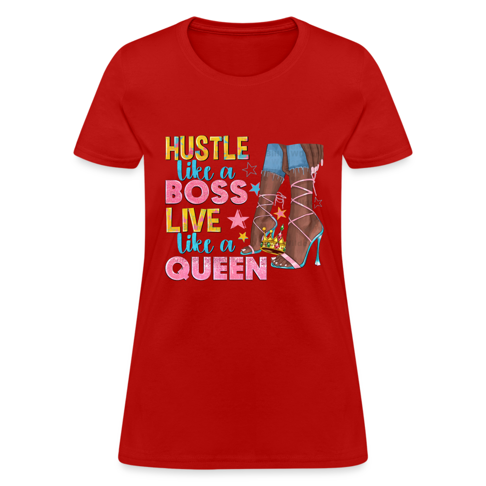 Women's V-Neck Hustle Like a Boss Print T Shirt - red