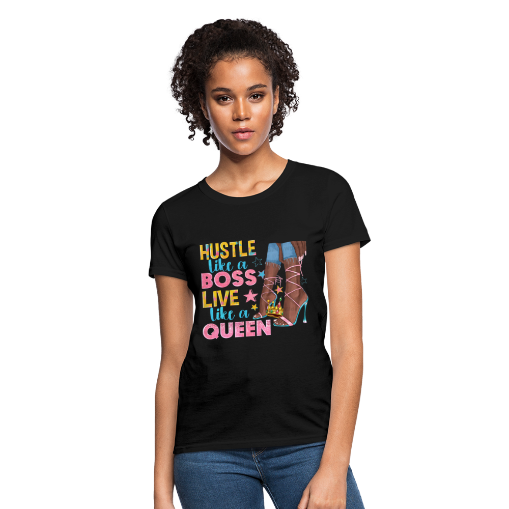 Women's V-Neck Hustle Like a Boss Print T Shirt - black