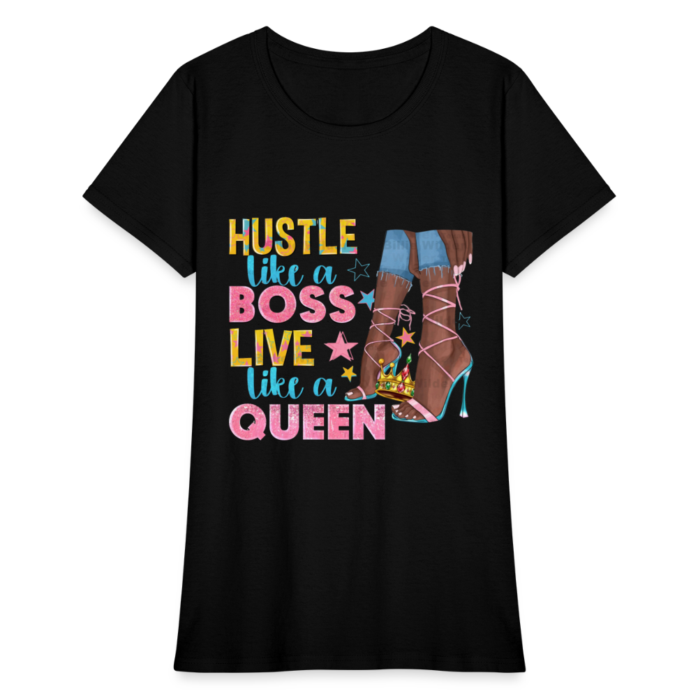 Women's V-Neck Hustle Like a Boss Print T Shirt - black