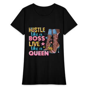 Women's V-Neck Hustle Like a Boss Print T Shirt - black