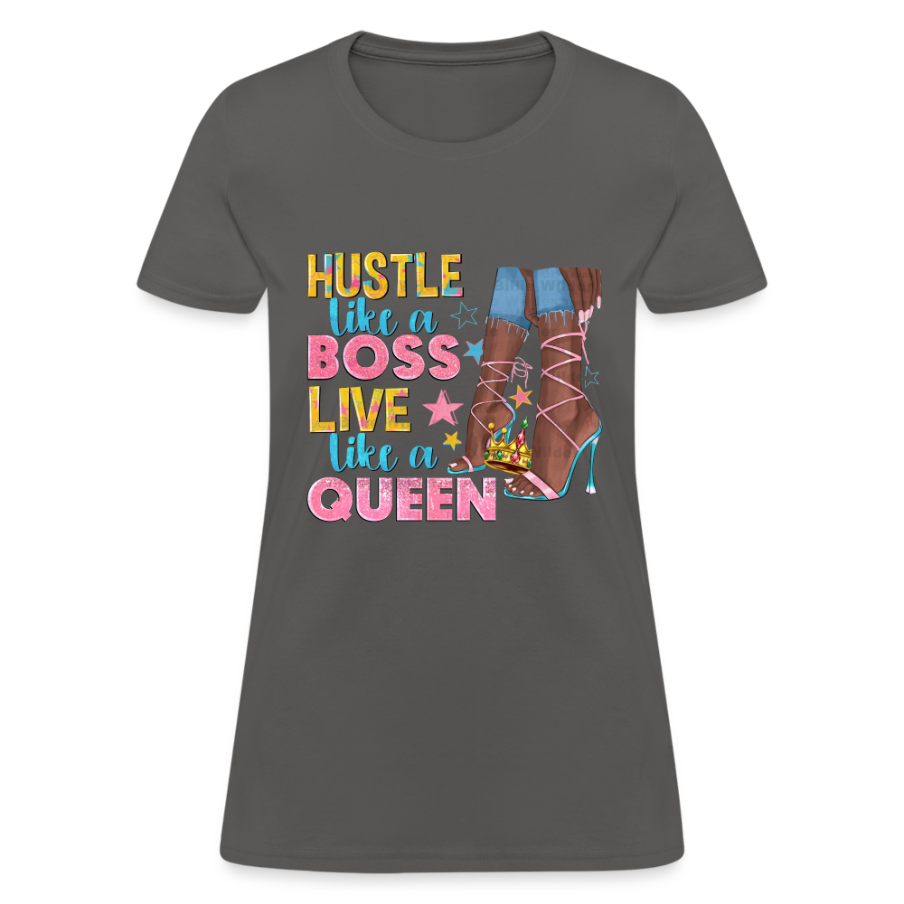 Women's V-Neck Hustle Like a Boss Print T Shirt - charcoal