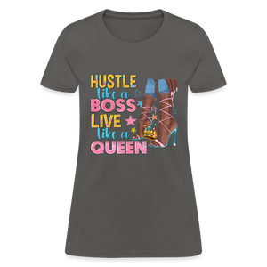 Women's V-Neck Hustle Like a Boss Print T Shirt - charcoal