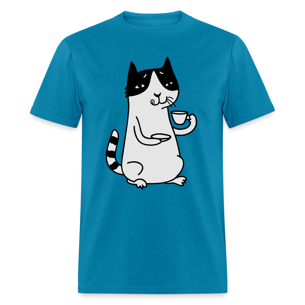 Unisex Adult Cat Drinking Coffee Print T Shirt - turquoise