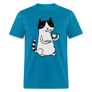 Unisex Adult Cat Drinking Coffee Print T Shirt - turquoise