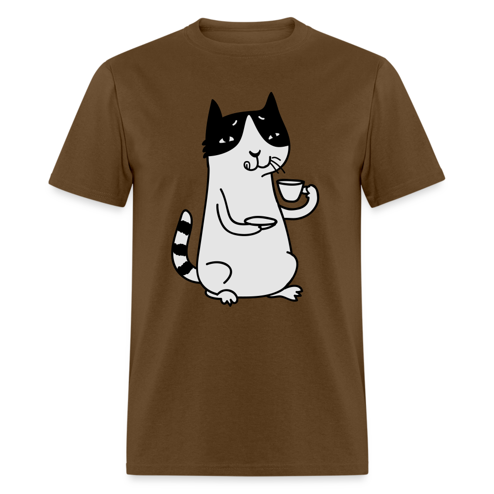 Unisex Adult Cat Drinking Coffee Print T Shirt - brown