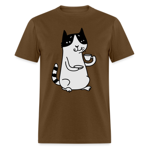 Unisex Adult Cat Drinking Coffee Print T Shirt - brown