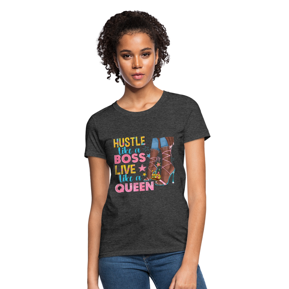 Women's V-Neck Hustle Like a Boss Print T Shirt - heather black