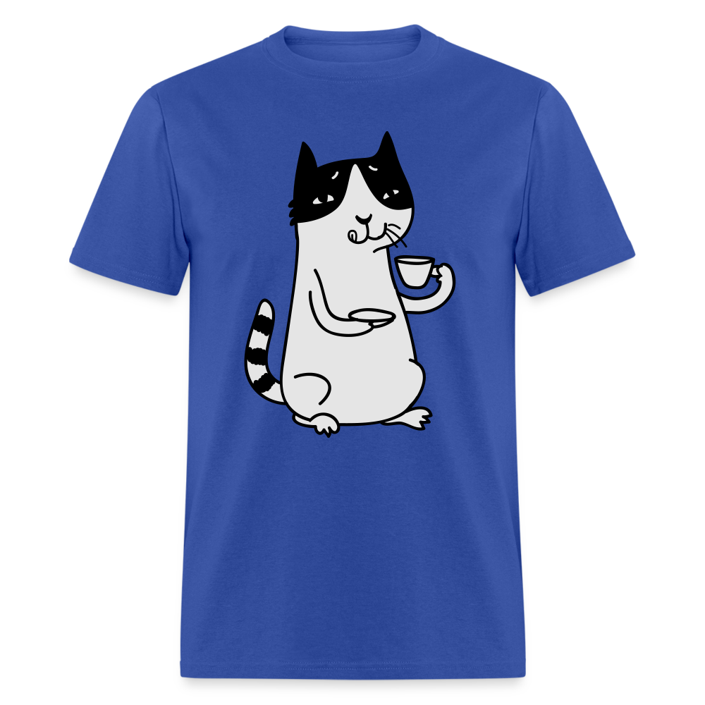 Unisex Adult Cat Drinking Coffee Print T Shirt - royal blue