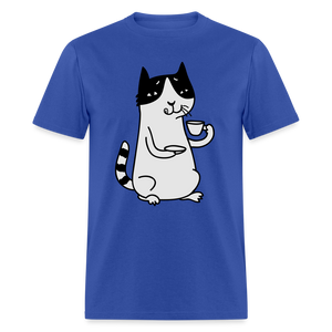 Unisex Adult Cat Drinking Coffee Print T Shirt - royal blue