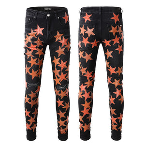 Boys Five-point Star Stitching Stretch Slim Jeans