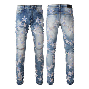 Boys Five-point Star Stitching Stretch Slim Jeans