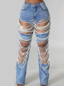 Women's Pearl Beading Ripped Designer Jeans