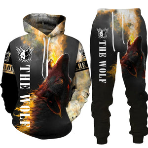 Men's 2 Piece 3D Hooded Wolf Print Tracksuit