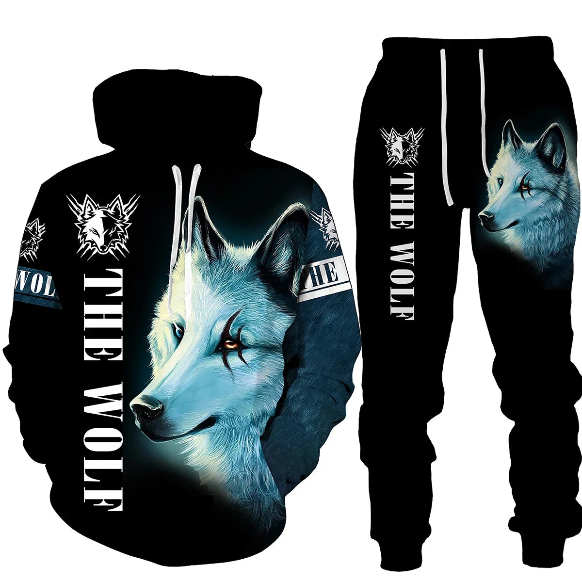 Men's 2 Piece 3D Hooded Wolf Print Tracksuit