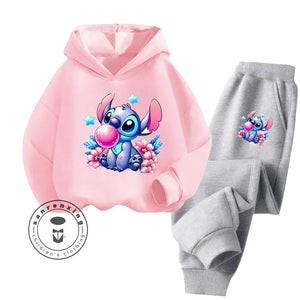 Unisex Kids 2 Piece Stitch Bubble Gum Print Hooded Jogging Set