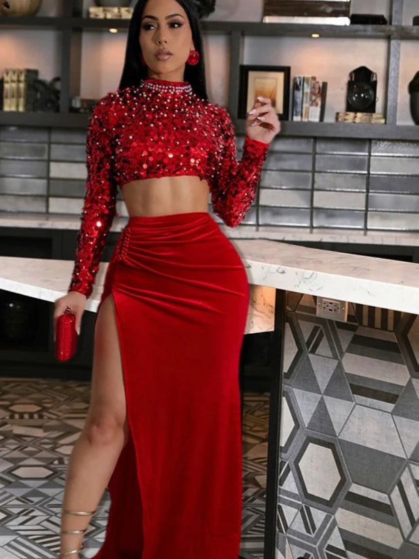 Women's 2 Piece Sequined Pearls Crop Top and Skirt Set