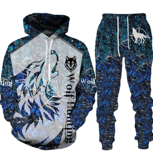 Men's 2 Piece 3D Hooded Wolf Print Tracksuit