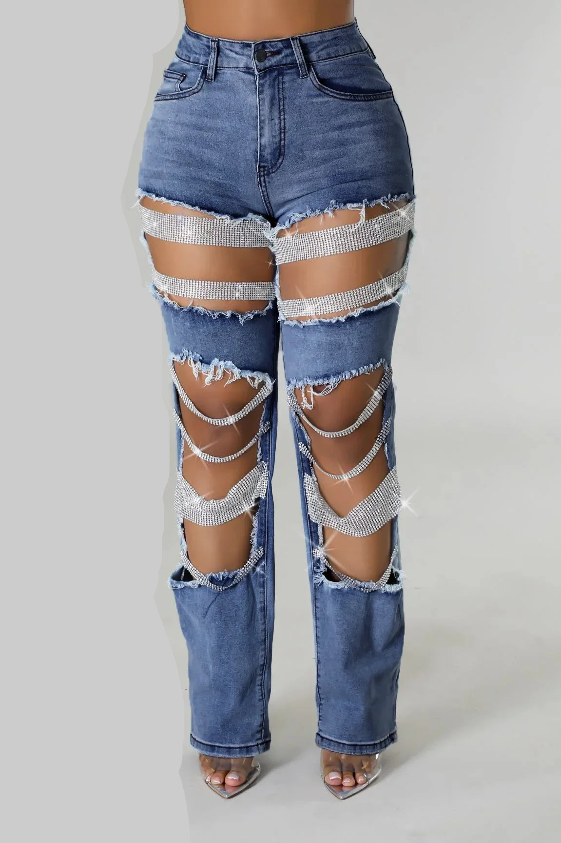 Women's Pearl Beading Ripped Designer Jeans