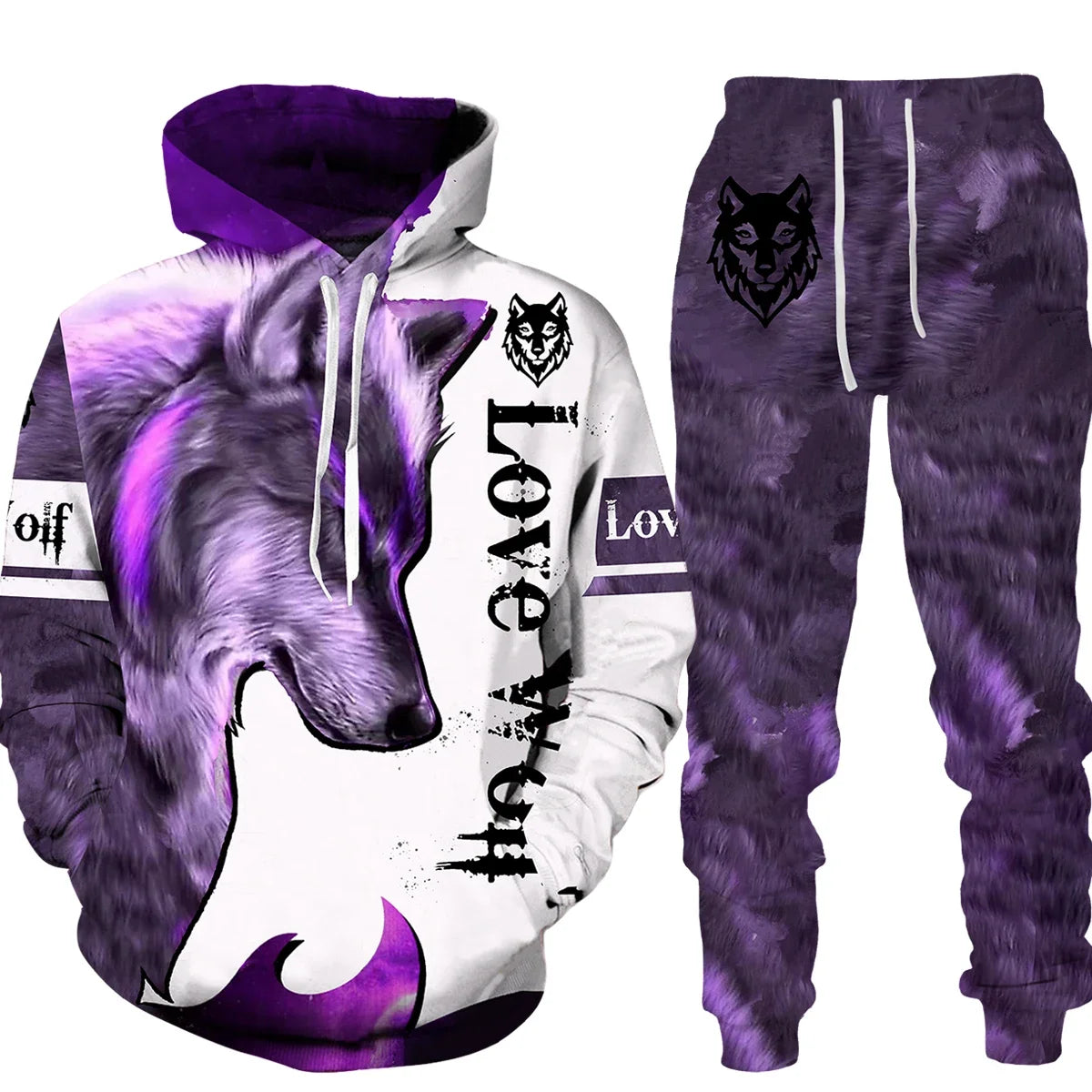 Men's 2 Piece 3D Hooded Wolf Print Tracksuit