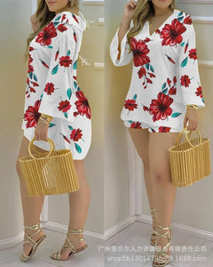 Women's 2 Piece Long Sleeve V Neck and Shorts Set