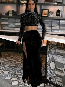 Women's 2 Piece Sequined Pearls Crop Top and Skirt Set