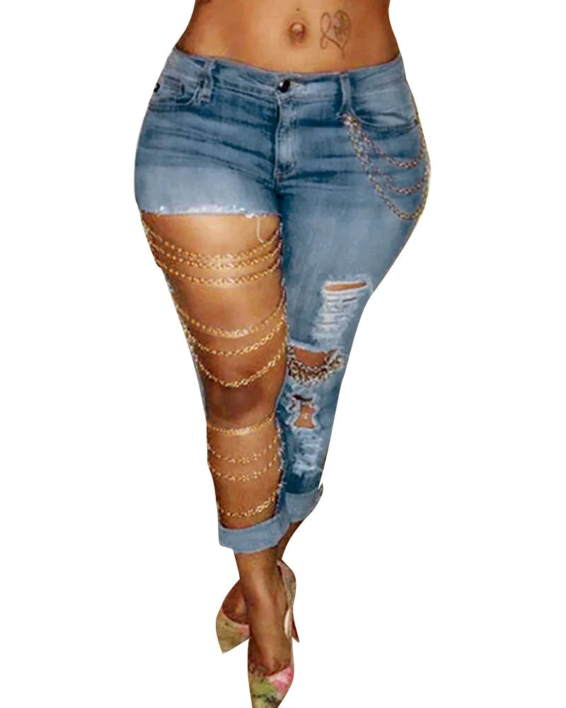 Women's Pencil Designer Denim Stretch Holes Jeans