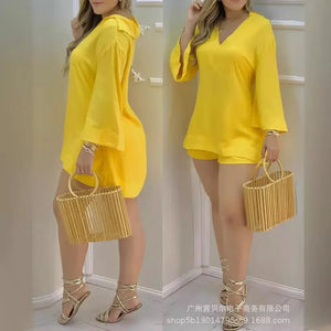 Women's 2 Piece Long Sleeve V Neck and Shorts Set