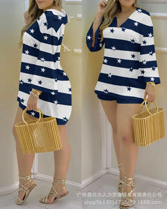 Women's 2 Piece Long Sleeve V Neck and Shorts Set