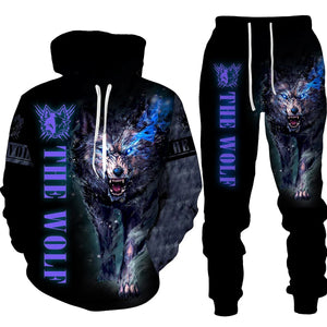 Men's 2 Piece 3D Hooded Wolf Print Tracksuit