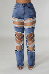 Women's Pearl Beading Ripped Designer Jeans