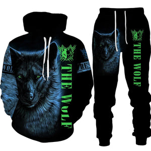 Men's 2 Piece 3D Hooded Wolf Print Tracksuit