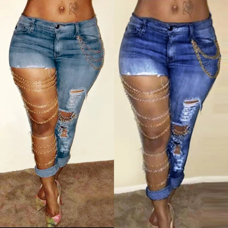 Women's Pencil Designer Denim Stretch Holes Jeans