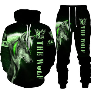 Men's 2 Piece 3D Hooded Wolf Print Tracksuit