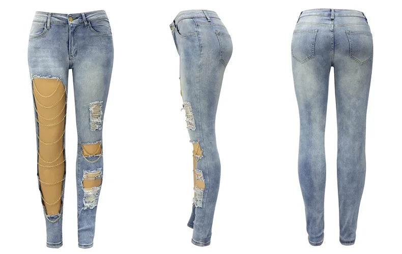 Women's Pencil Designer Denim Stretch Holes Jeans