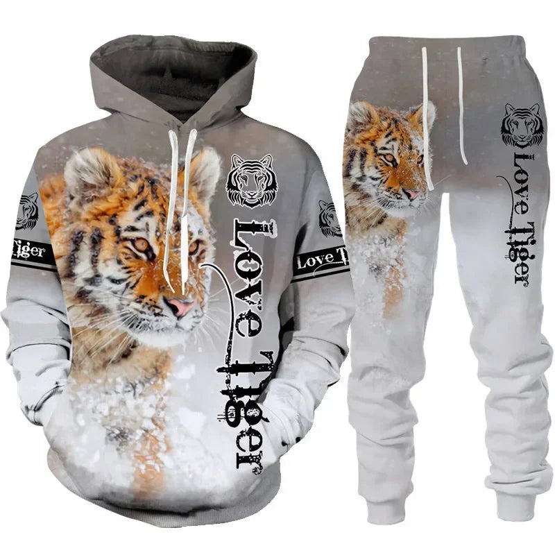 Men's 2 Piece 3D Hooded Wolf Print Tracksuit