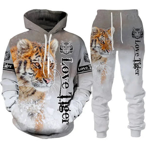 Men's 2 Piece 3D Hooded Wolf Print Tracksuit