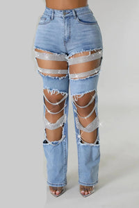 Women's Pearl Beading Ripped Designer Jeans