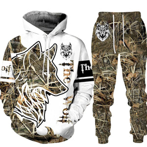 Men's 2 Piece 3D Hooded Wolf Print Tracksuit